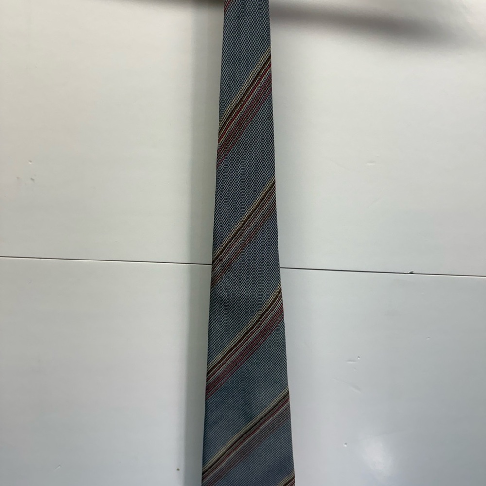 Vintage Yves Saint Laurent Slate Blue Tie with Diagonal Red and Gold Stripes